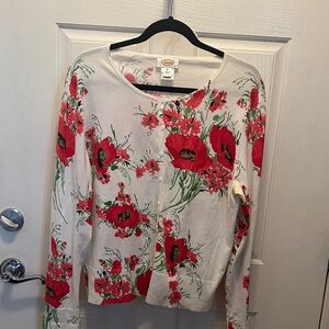 Talbots Red Floral Print Spring Cardigan Sweater 65% Pima Cotton Size XL